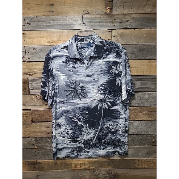 VTG Polo Ralph Lauren Shirt Medium Custom Fit Viscose Camp Palm Tree Hawaiian - Picture 1 of 13